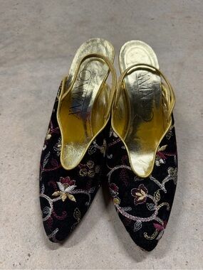 Embroidered Black & Gold Slingback Mules